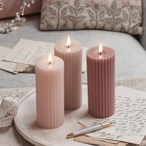 Battery Operated Lights | 3 Fluted Blush Pink TruGlow® Slim Pillar LED Candles Battery Operated Lights Battery Operated Lights