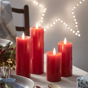 Battery Operated Lights | 4 Red TruGlow® Dripping Wax LED Slim Pillar Candles Battery Operated Lights Battery Operated Lights