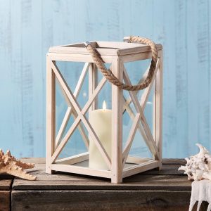 Battery Operated Lights | Newquay White Wooden Indoor Lantern with TruGlow® Candle Battery Operated Lights Battery Operated Lights