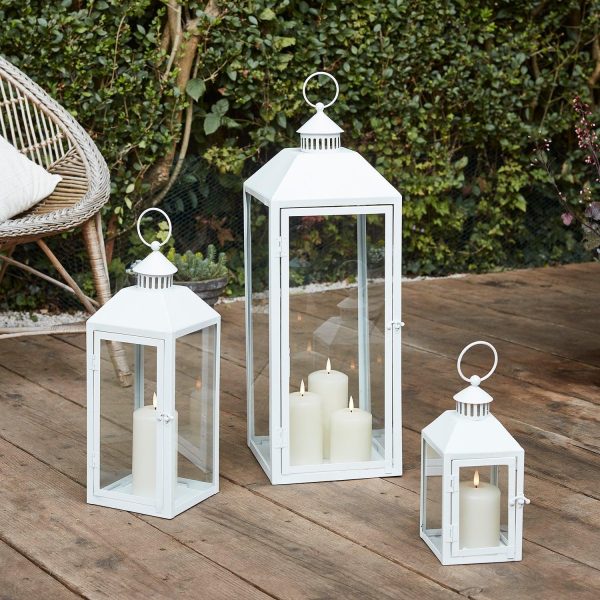 Battery Operated Lights | Perth Large White Garden Lantern with 3 TruGlow® Candles Battery Operated Lights Battery Operated Lights