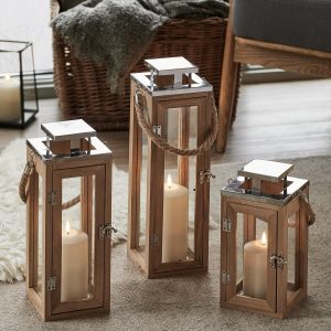 Battery Operated Lights | Salcombe Wooden Lantern Trio with TruGlow® LED Candles Battery Operated Lights Battery Operated Lights