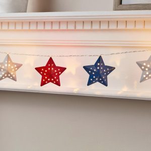 Indoor Fairy Lights | 12 Red, White & Blue Metal Star Fairy Lights Battery Operated Lights Battery Operated Lights