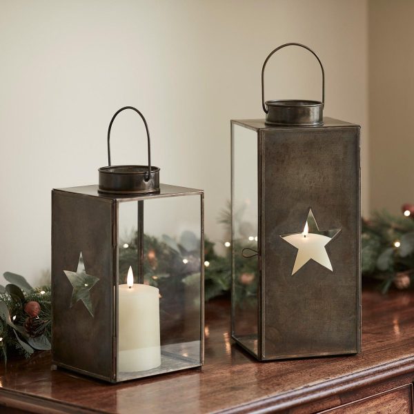 Indoor Lanterns | Antique Brass Star Glass Lantern & TruGlow® Candle Bundle Battery Operated Lights Battery Operated Lights