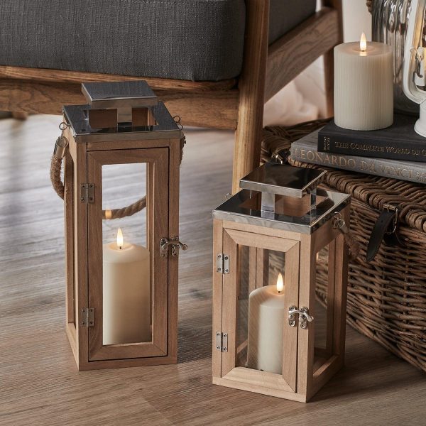 Indoor Lanterns | Salcombe Wooden Lantern Duo with TruGlow® Candles Battery Operated Lights Battery Operated Lights