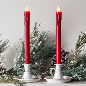 LED Candles | 2 Red Wax LED Taper Candles Indoor LED Candles