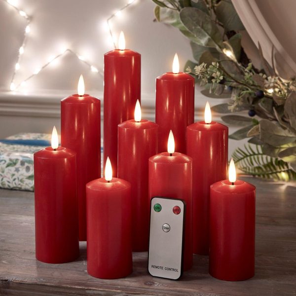 LED Candles | 9 TruGlow® Red LED Slim Pillar Candles With Remote Control Battery Operated Lights Battery Operated Lights