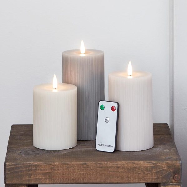 LED Candles | TruGlow® Grey Ribbed LED Pillar Candle Trio with Remote Control Battery Operated Lights Battery Operated Lights