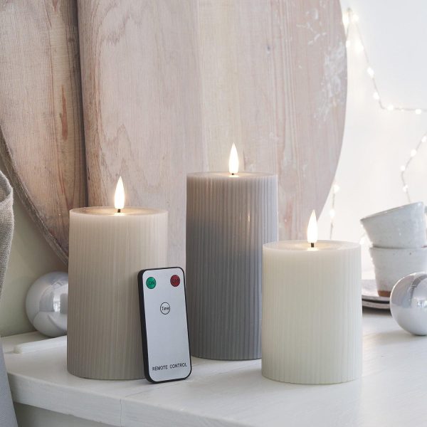 LED Candles | TruGlow® Grey Ribbed LED Pillar Candle Trio with Remote Control Battery Operated Lights Battery Operated Lights