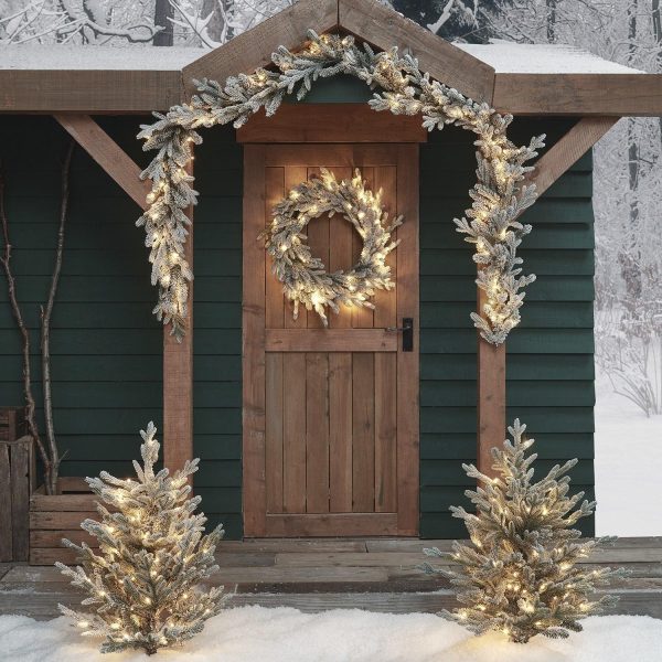 Outdoor Battery Lights | Pre Lit Outdoor Snowy Christmas Wreath, Garland and Trees Lights Outdoor Battery Lights