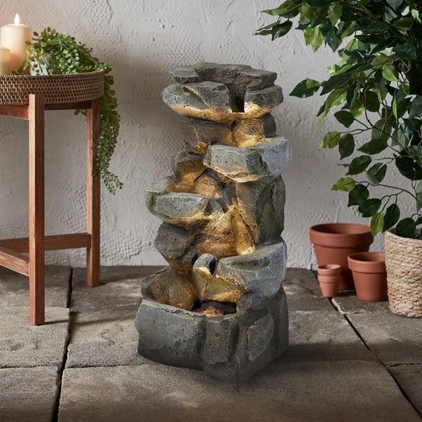 Outdoor Plug In Lights | 88cm Ingleton Rock Waterfall Fountain Garden Lights Garden Lights