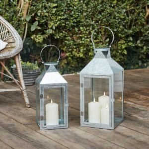 Patio Lights | Hayle Galvanised Outdoor Lantern Duo with TruGlow® Candles Lights Outdoor Lanterns