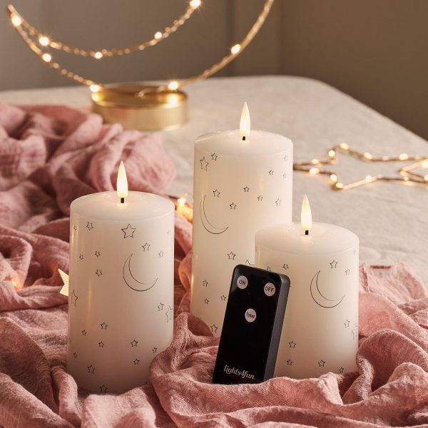 Battery Operated Lights | 3 Moon & Star Design TruGlow® Pillar LED Candles Battery Operated Lights Battery Operated Lights